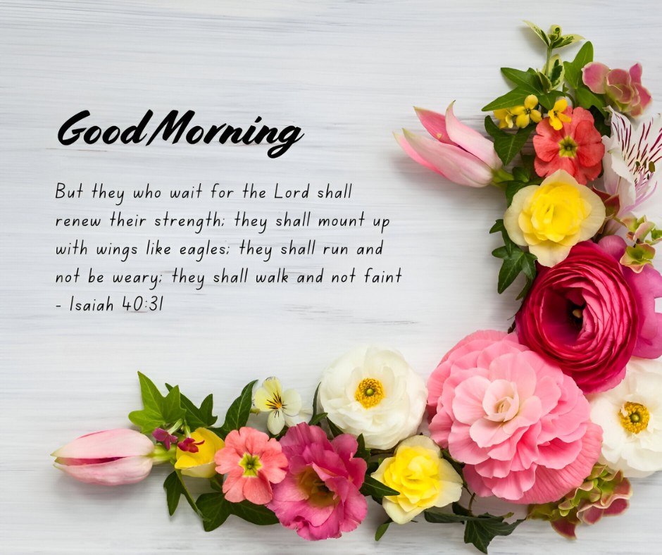 Good Morning greeting with Isaiah 40:31 verse on a white wooden background, adorned with a vibrant array of spring flowers, symbolizing Good Morning Bible Verses for Strength and Courage.