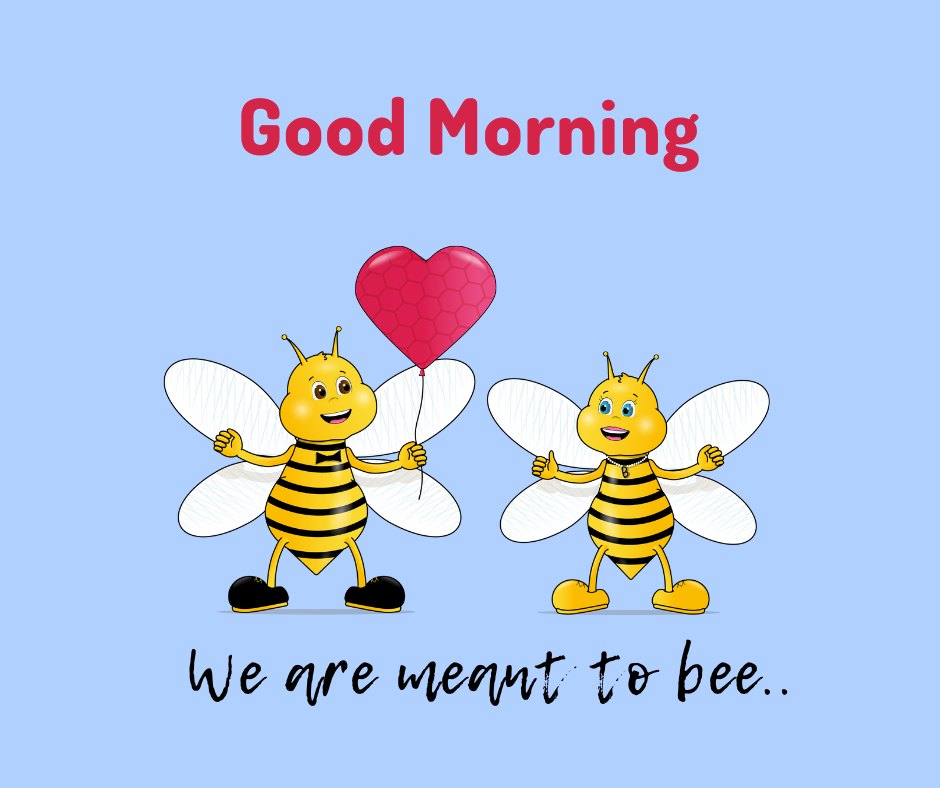 Good morning heart image featuring two cartoon bees, one holding a red heart-shaped balloon, on a light blue background with 'Good Morning' text and the phrase 'We are meant to bee.'