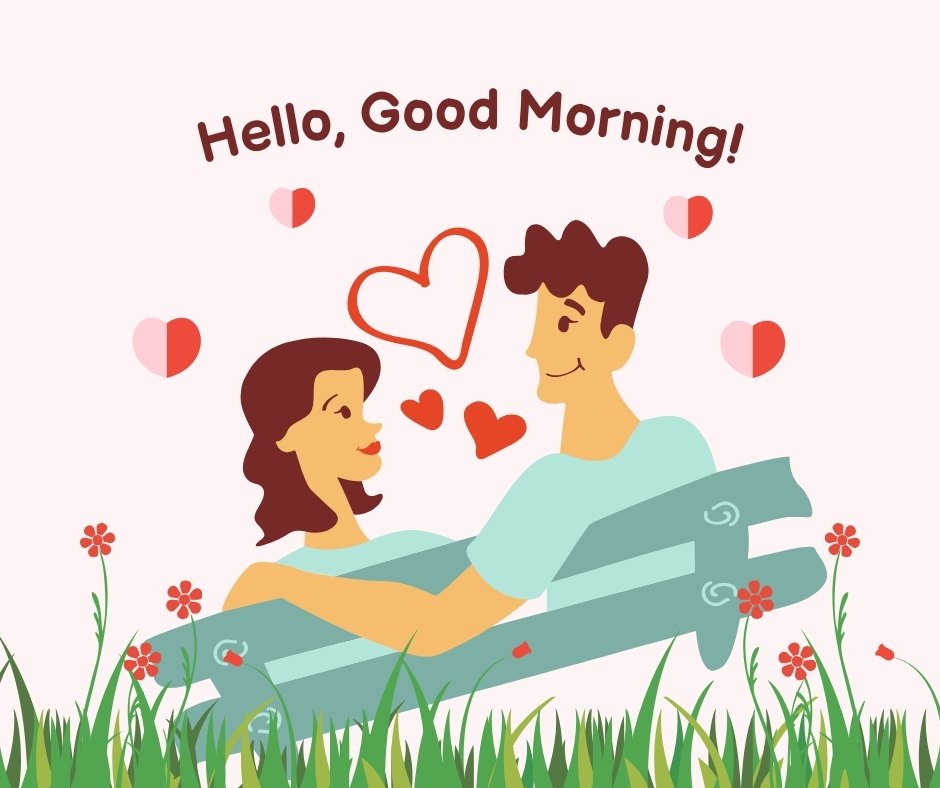 Good morning heart image featuring a cheerful cartoon couple sitting on a bench in a grassy field, surrounded by floating hearts and red flowers, with 'Hello, Good Morning!' text above.