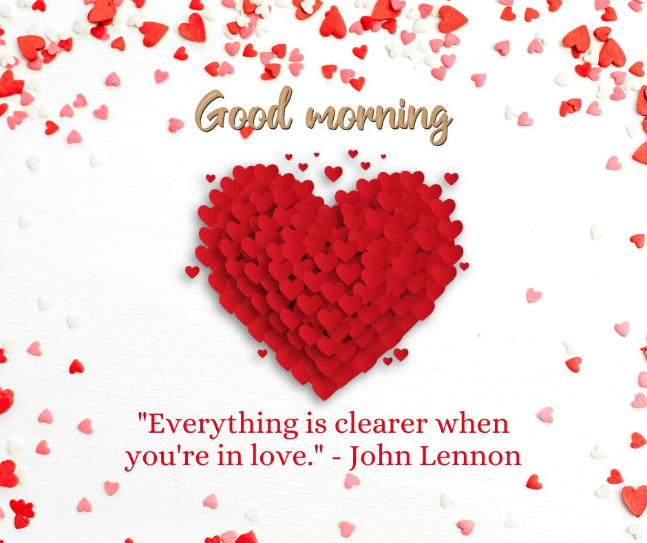 Good morning heart image featuring a large heart made of smaller red hearts on a white wooden background scattered with various red and white heart confetti, accompanied by 'Good morning' in elegant gold lettering and a John Lennon quote: 'Everything is clearer when you're in love.'