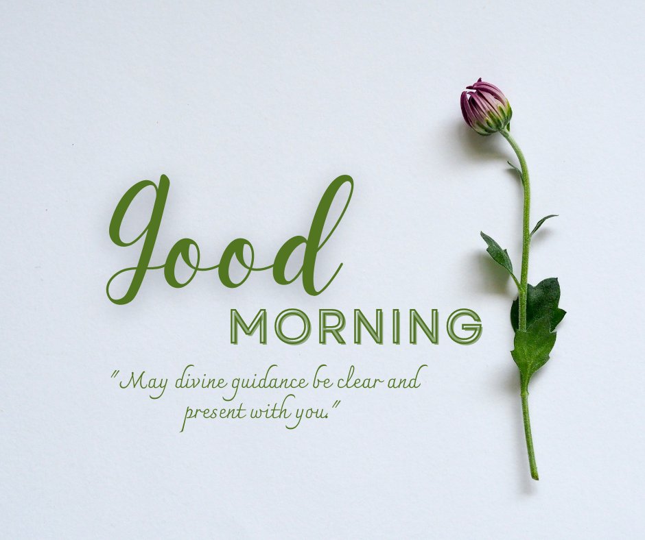 Good morning blessings image of a delicate purple flower bud on a slender stem against a crisp white background, accompanied by vibrant green text and a quote wishing for divine guidance to be clear and present.