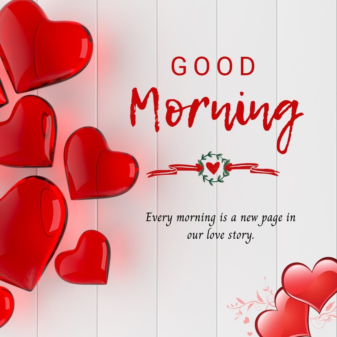 Good morning heart image featuring a collection of glossy red hearts on a white wooden background with the text 'Good Morning' in red cursive letters and the quote 'Every morning is a new page in our love story' underlined with a small green and red heart wreath.