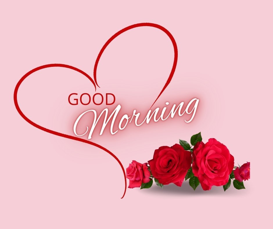 Good morning heart image with a creative red heart-shaped ribbon and vibrant red roses on a soft pink background, with the text 'Good Morning' elegantly displayed.