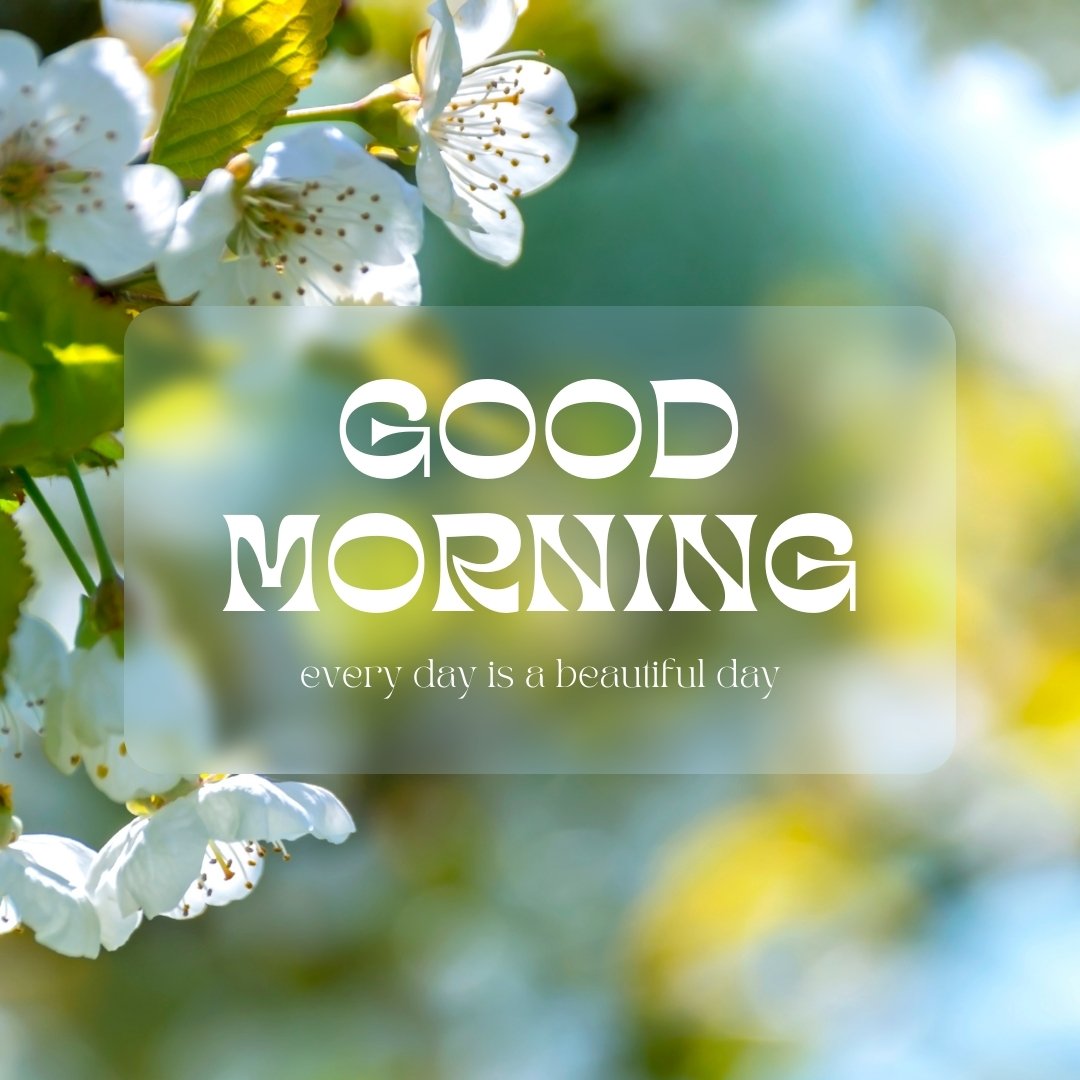 Good morning nature image featuring white spring blossoms against a blurred green background, with the text 'GOOD MORNING every day is a beautiful day' overlaid in white font.