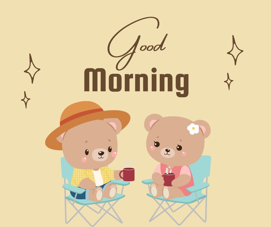 Good morning scene featuring two adorable cartoon teddy bears seated comfortably on folding chairs, enjoying a peaceful coffee time together. The teddy on the left sports a stylish hat, and the one on the right is adorned with a sweet floral accent. This cheerful illustration is perfect for a warm, friendly morning greeting.