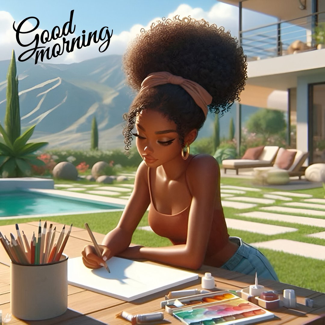 African American good morning image of a creative woman engaged in drawing outdoors, with art supplies spread out on a table by a luxurious poolside, set against a backdrop of mountains and a modern home.