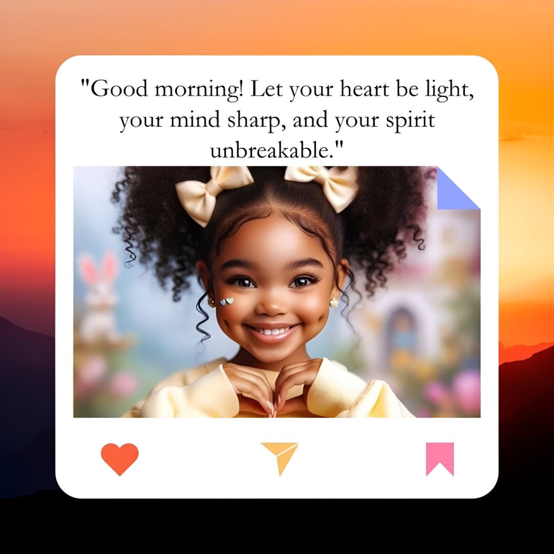 African American good morning image of a cheerful young girl with big bows in her hair, smiling broadly, dressed in a yellow outfit, set against a playful background with an inspiring quote about having a light heart and sharp mind.