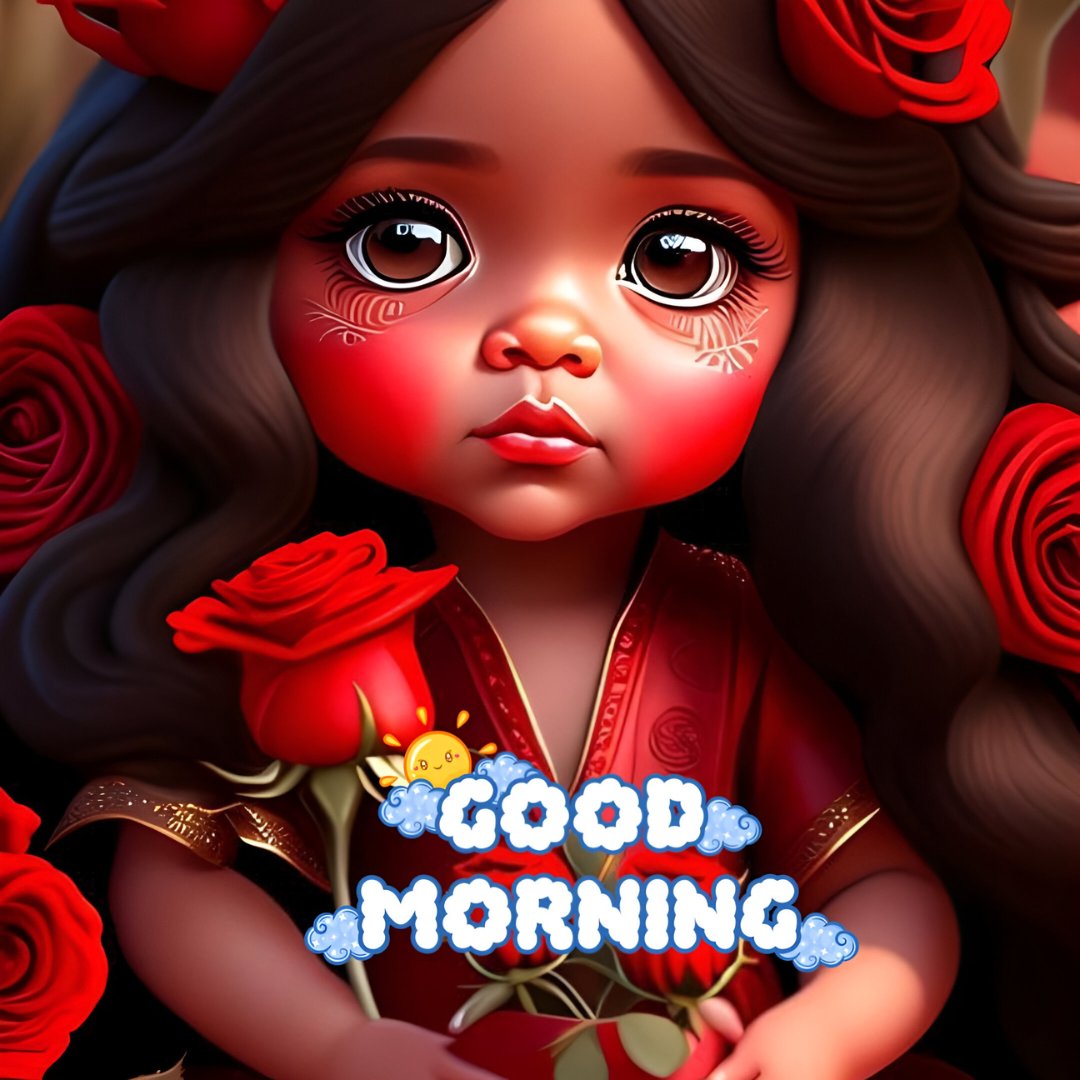 African American good morning image featuring a young girl with deep red roses in her hair and a matching red dress, holding a rose, surrounded by a vibrant red theme with a playful morning greeting.