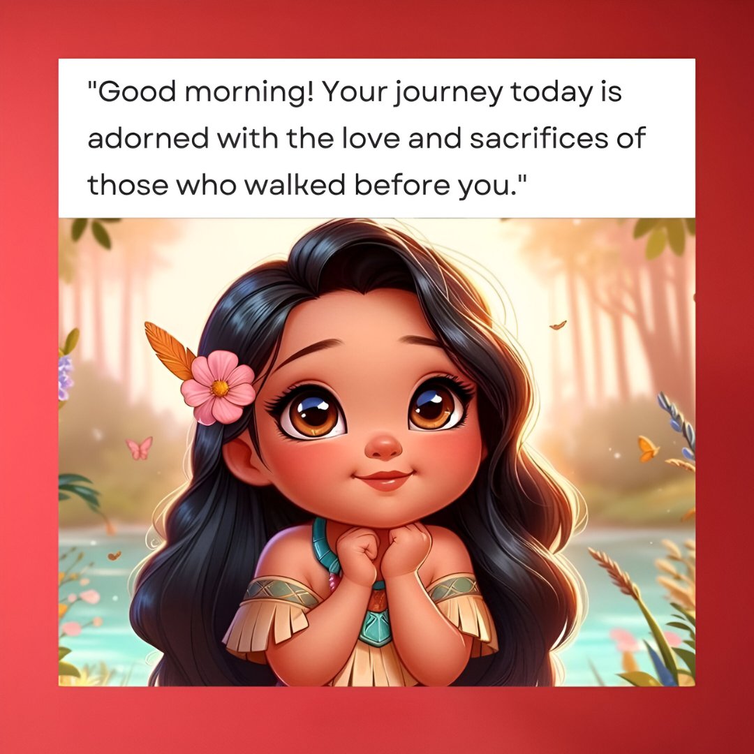 African American good morning image of a young girl with a serene expression, adorned in a tribal outfit, sitting in a lush forest scene with butterflies, reflecting on the heritage and love from those who walked before her.