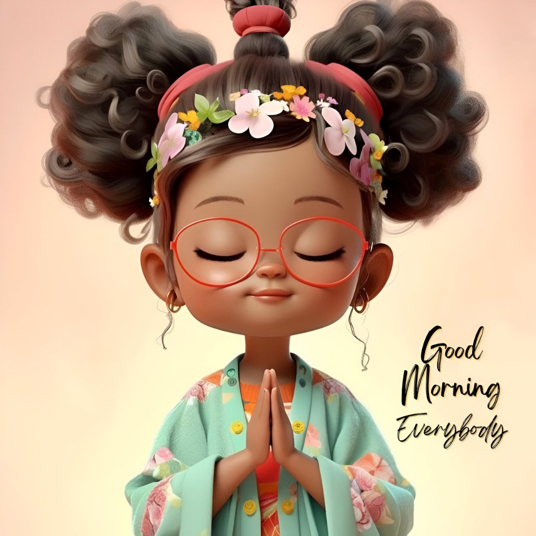 African American good morning image of a serene young girl in meditation pose, wearing a floral headband and pastel robe, her eyes closed in peace, set against a soft pink background.