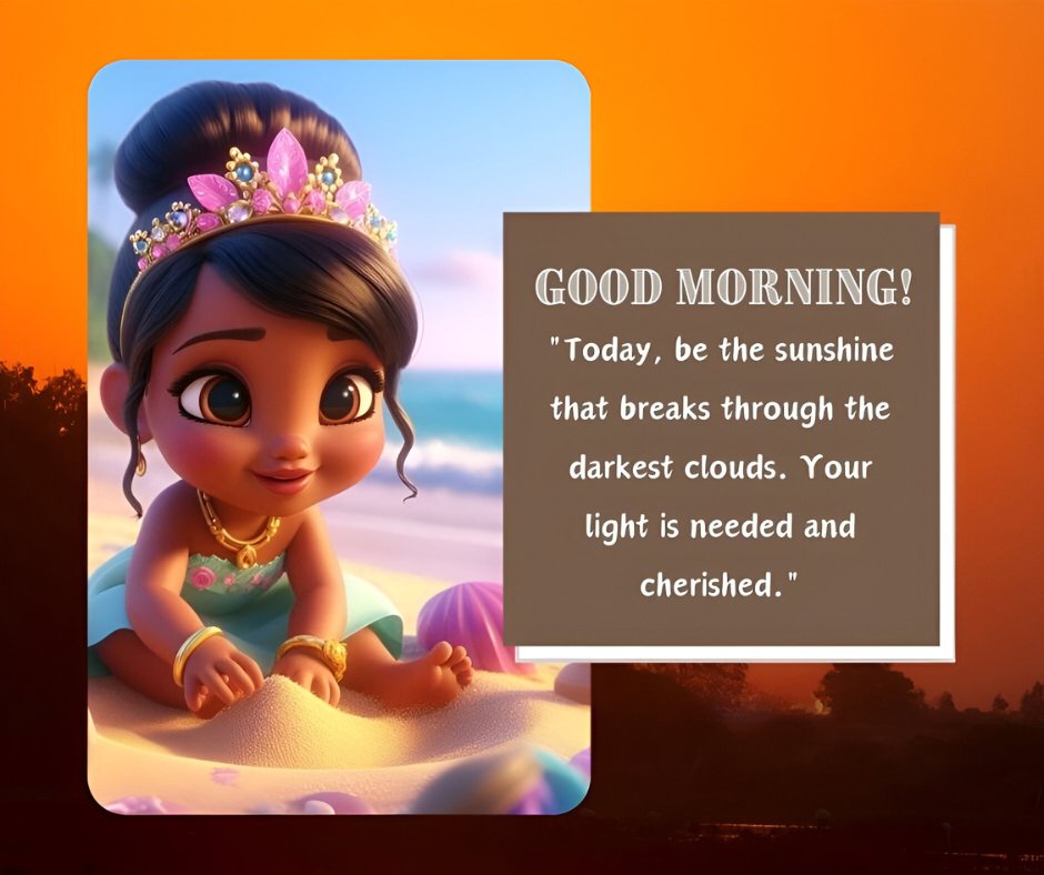 African American good morning image showing a young princess playing in the sand, wearing a pastel dress and a tiara, at sunrise, with a motivational quote about being the light in darkness.