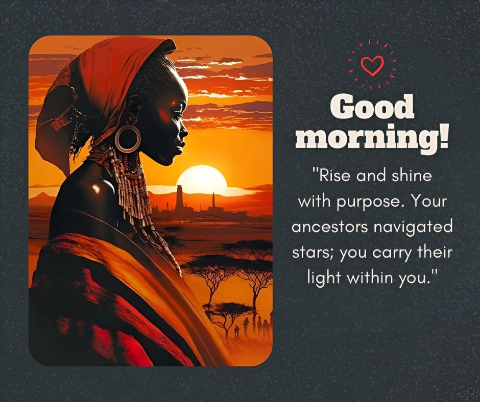 African American good morning image featuring a silhouette of a woman in traditional African attire, standing against a vibrant sunrise in a savannah landscape with an inspirational quote.