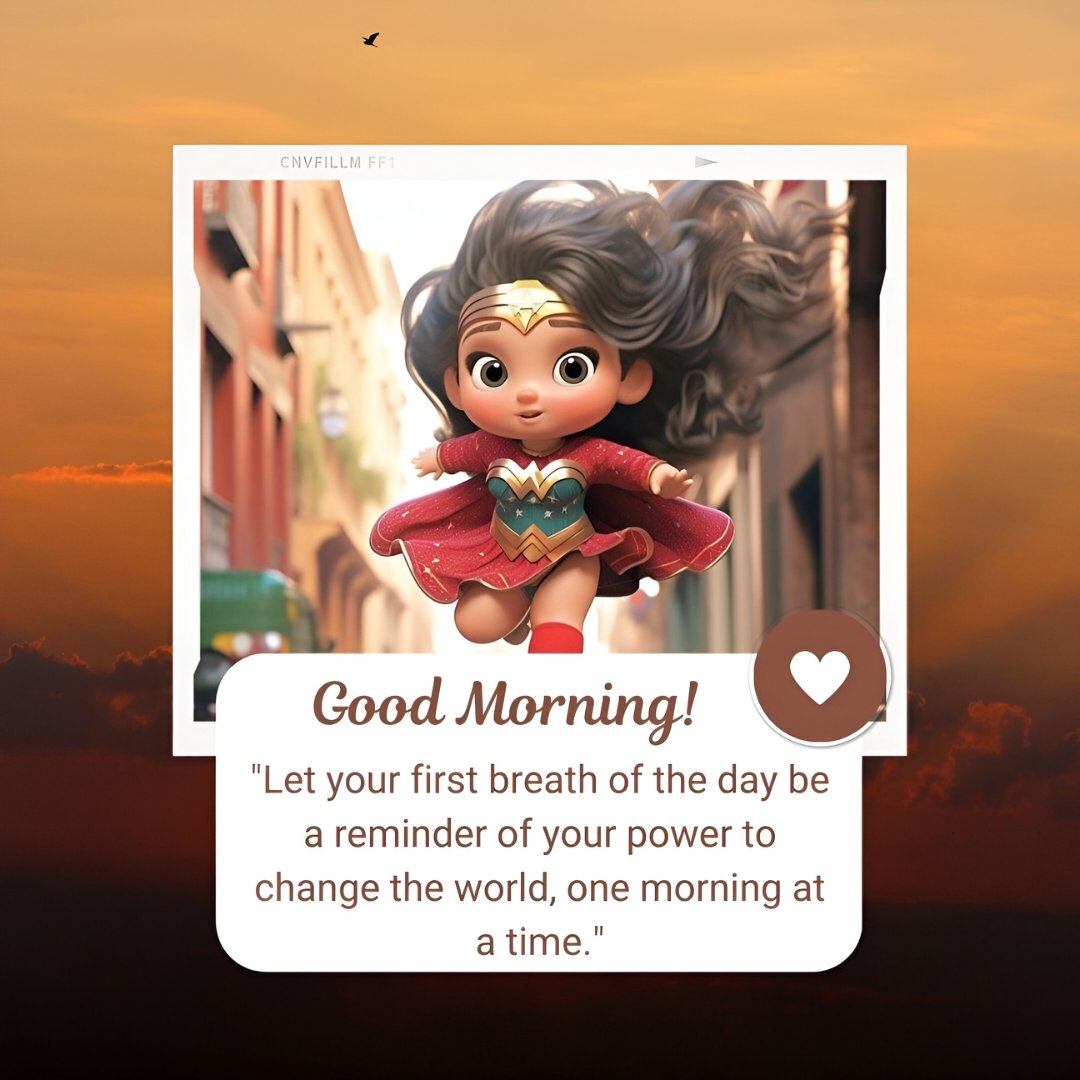 African American good morning image featuring a young girl superhero in flight, dressed in a vibrant red and gold costume, over a cityscape at sunrise, with an inspiring quote about changing the world one morning at a time.