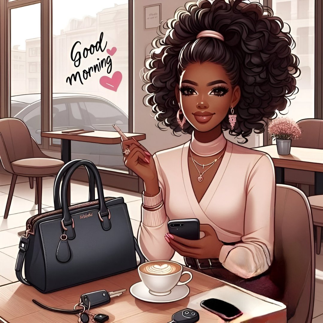 African American good morning image of an elegant woman in a chic outfit seated at a café table, engaging with her smartphone, a stylish handbag beside her, and a freshly brewed coffee on the table, set in a modern urban cafe environment.