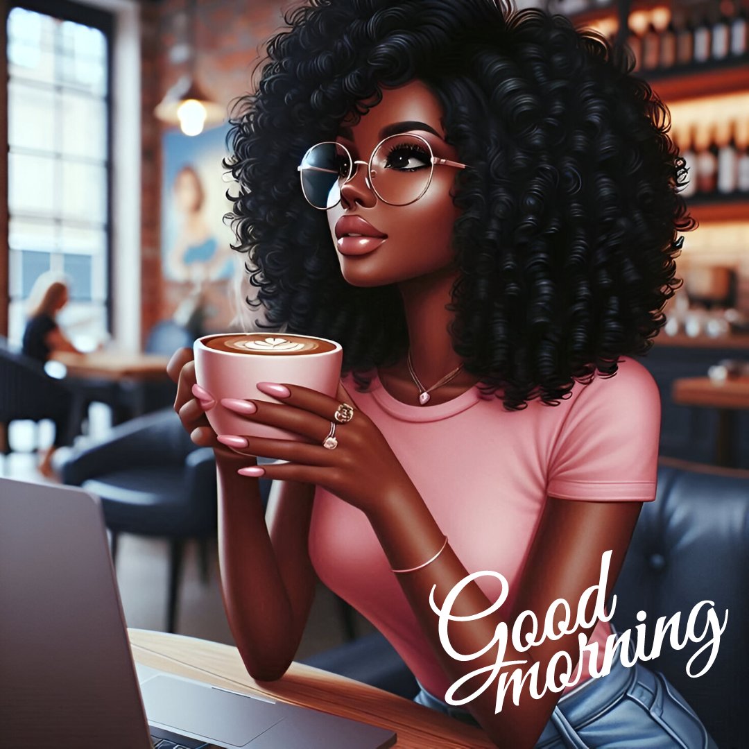 African American good morning image of a fashionable woman in a coffee shop, holding a cup of latte art, wearing trendy glasses, and using a laptop, set in a stylish urban café environment.