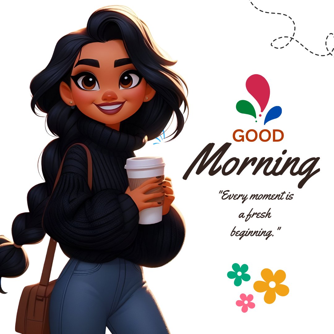 African American good morning image showing a stylish young woman in a cozy turtleneck sweater, holding a coffee cup, with a joyful smile, symbolizing a fresh start to the day, enhanced by floral decorations and an inspiring quote.