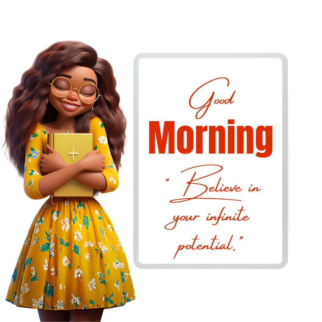 African American good morning image of a young woman in a cheerful yellow floral dress, embracing a book with a cross, her eyes closed in serene gratitude, accompanied by an inspirational morning message about believing in one's potential.