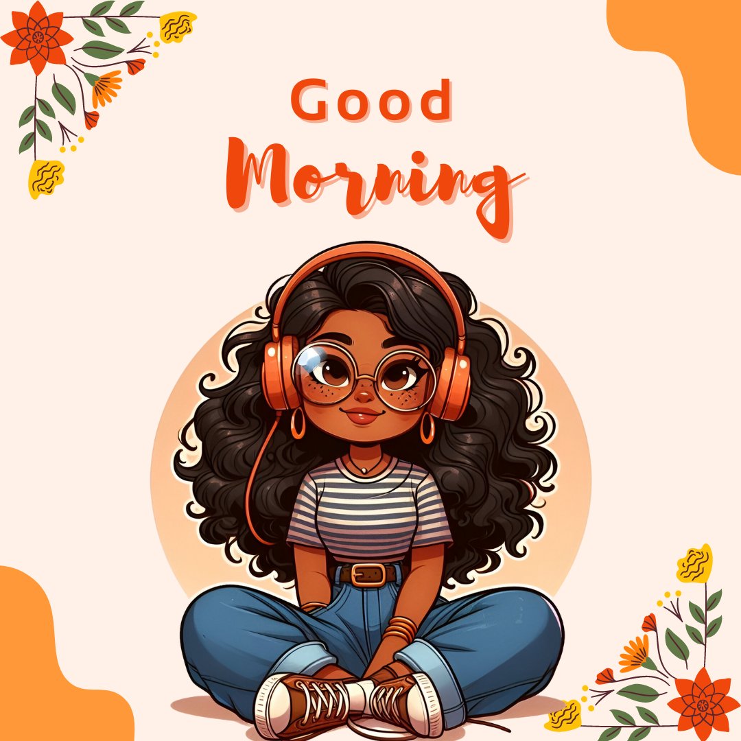 African American good morning image featuring a young woman sitting cross-legged, wearing headphones and stylish glasses, surrounded by vibrant floral decorations, embodying a cheerful and relaxed morning vibe.