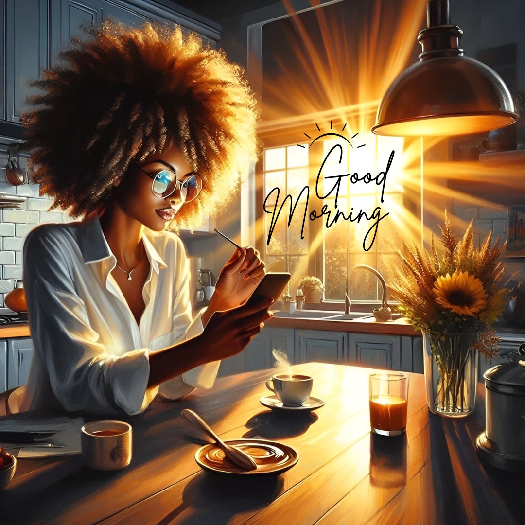 African American good morning image featuring a stylish woman with a vibrant afro enjoying her morning coffee in a sunlit kitchen, using her smartphone, with fresh flowers on the countertop and a warm, inviting ambiance.