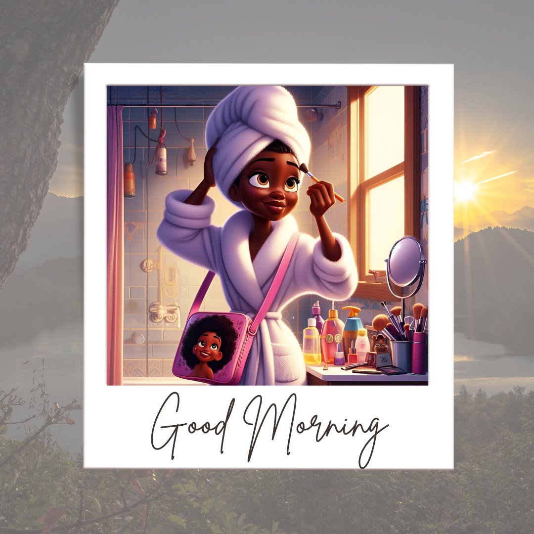 African American good morning image featuring a young woman in a white bathrobe, applying makeup in front of a bathroom mirror, with a serene mountain view through the window, capturing a peaceful morning routine.