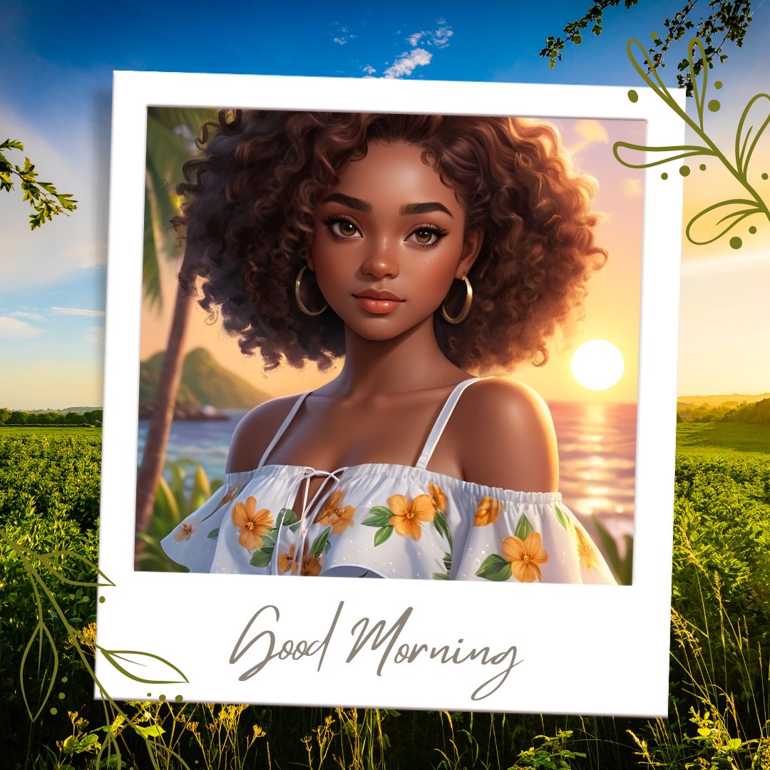 African American good morning image depicting a beautiful young woman in a floral dress, enjoying the sunrise in a lush meadow, her curly hair beautifully highlighted by the morning light.