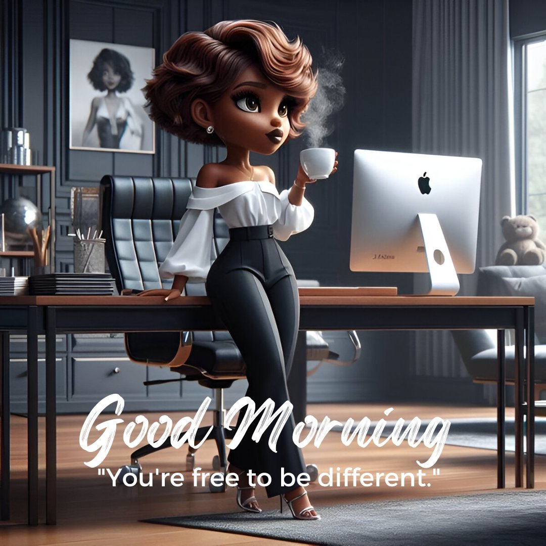 African American good morning image showcasing a professional woman in a stylish office setting, confidently sipping coffee by her desk with a modern computer, embodying empowerment and elegance