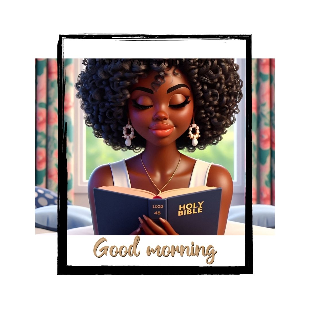 African American good morning image featuring a young woman reading the Bible peacefully in a brightly lit room, her curly hair styled beautifully, embodying a serene start to the day.