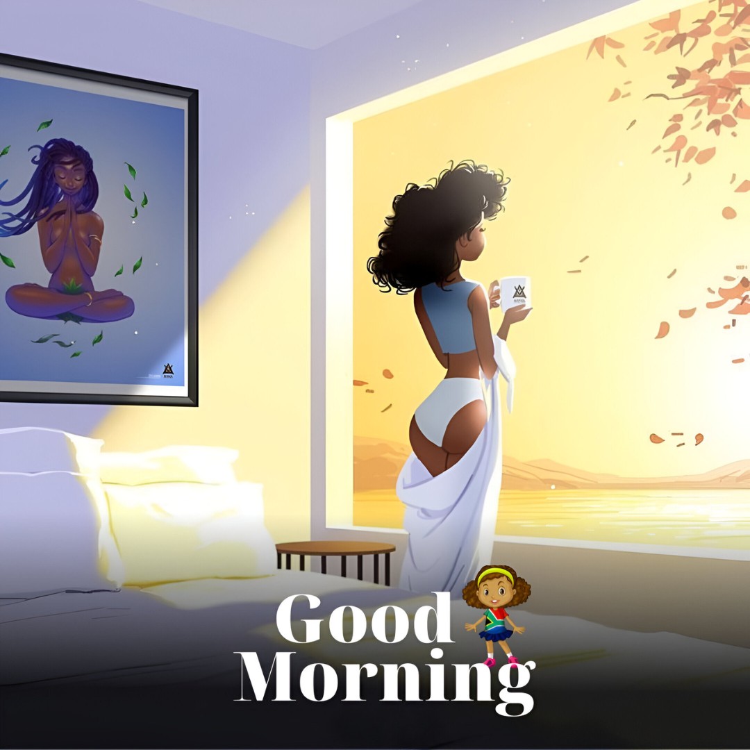 African American good morning image depicting a woman in a flowing robe standing by a window, sipping coffee and enjoying a view of falling leaves, with a peaceful bedroom setting and a child's toy visible, invoking a tranquil morning atmosphere.