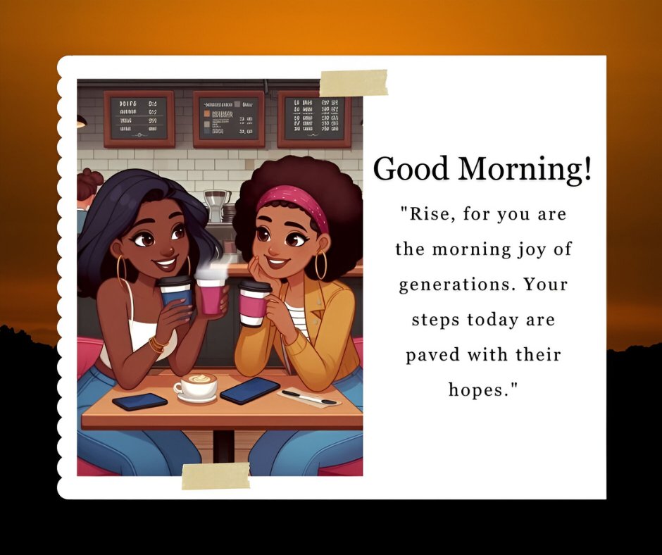 African American good morning image featuring two women enjoying coffee together in a cozy cafe, smiling and toasting their cups, with an inspiring morning quote about hope and generational joy.