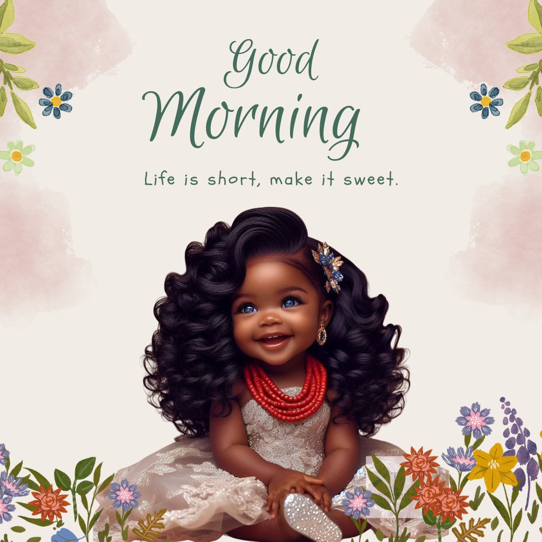 African American good morning image featuring a joyful toddler girl with voluminous curly hair, wearing a sparkling white dress and red pearl necklace, surrounded by vibrant flowers and a soft, watercolor background.