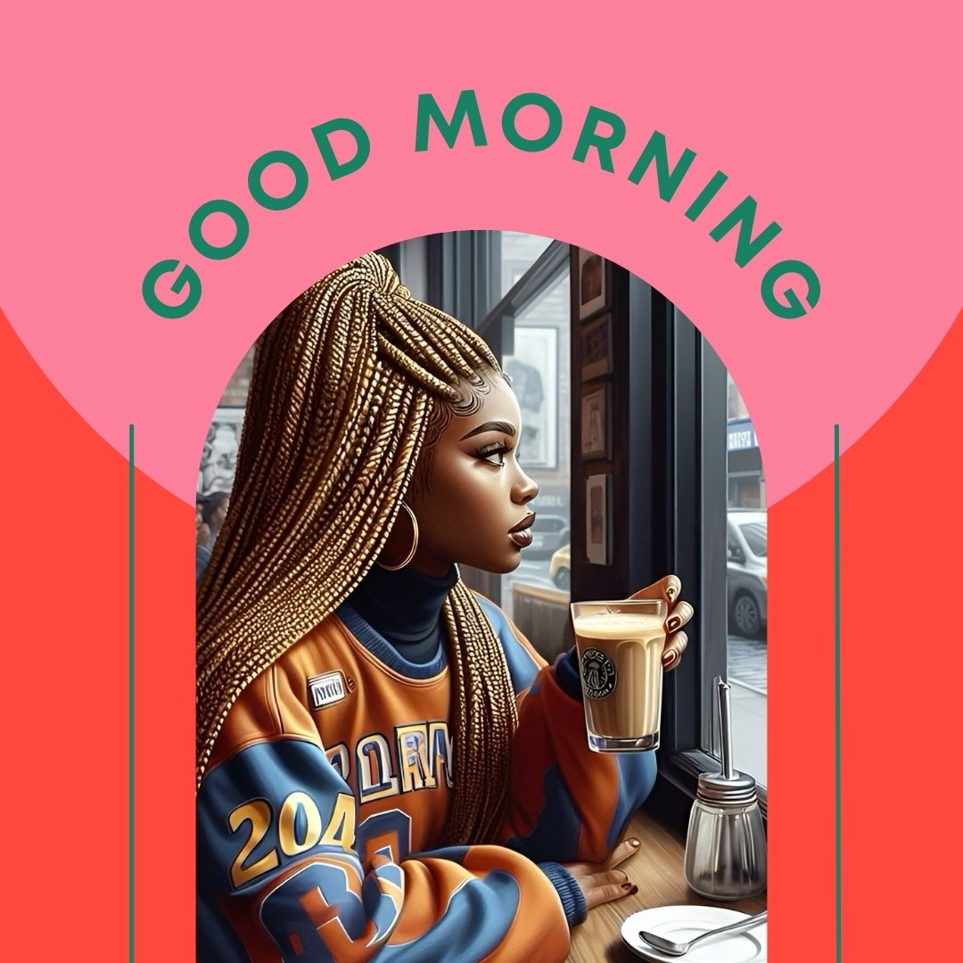 African American good morning image featuring a stylish young woman with long braids, wearing a jersey, sipping coffee while looking out a window in a vibrant city café setting.