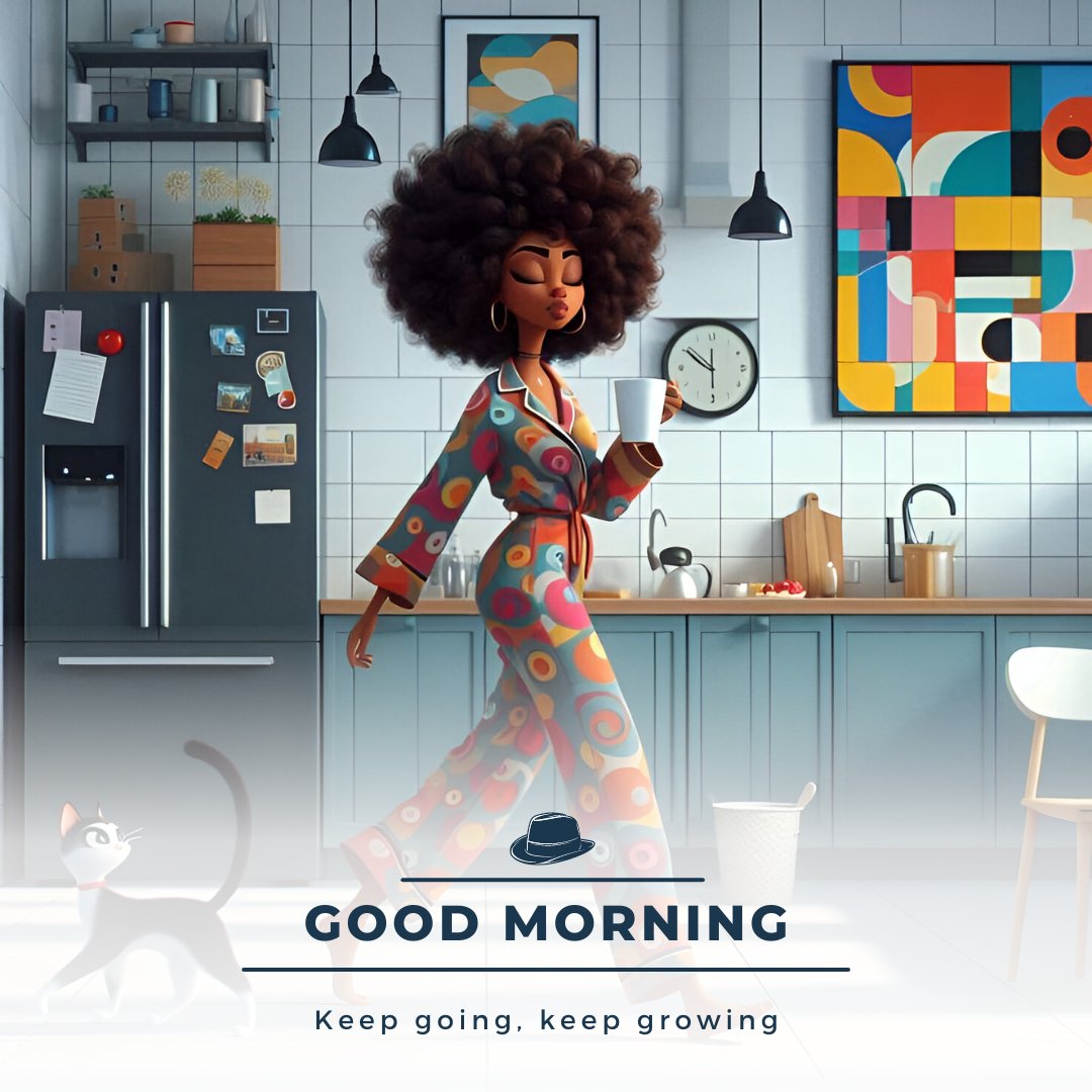 African American good morning image featuring a stylish woman in a colorful outfit walking through her modern kitchen with a cup of coffee, accompanied by a playful cat.