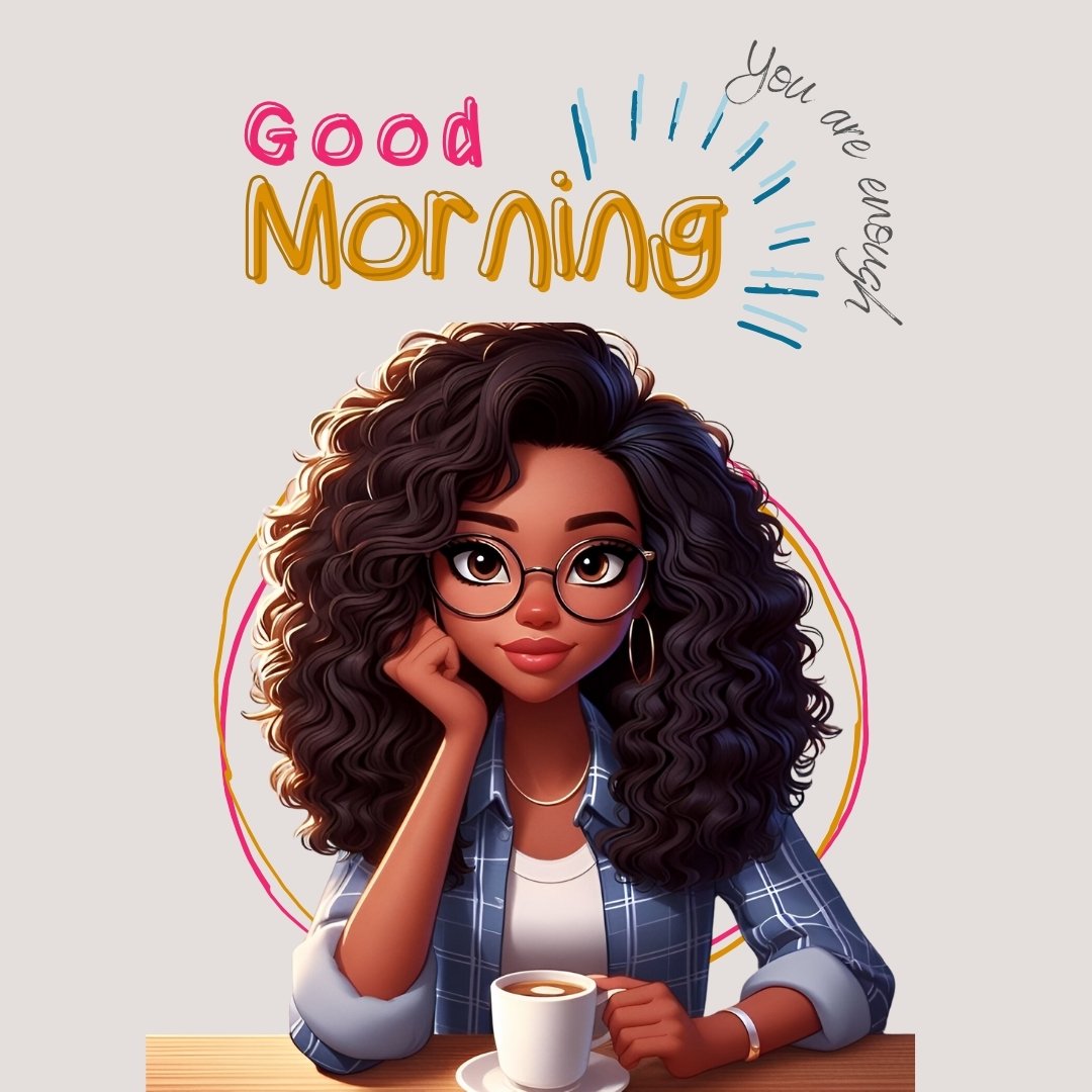 African American good morning image featuring a young woman with long curly hair and glasses, sitting at a table with a cup of coffee, radiating positivity and motivation.