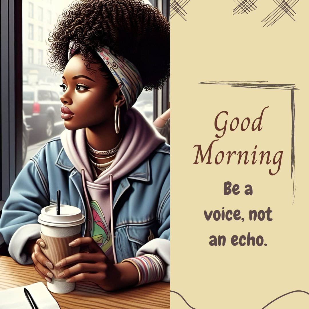 African American good morning image featuring a stylish young woman in a cafe, her large curly hair accentuated with a headband, gazing out the window while holding a coffee cup, reflecting a message of individuality and expression.