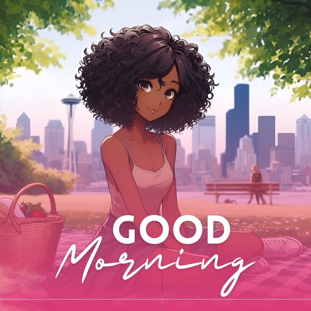 African American good morning image of a young woman with curly hair enjoying a sunny morning in a city park, with a skyline in the background.