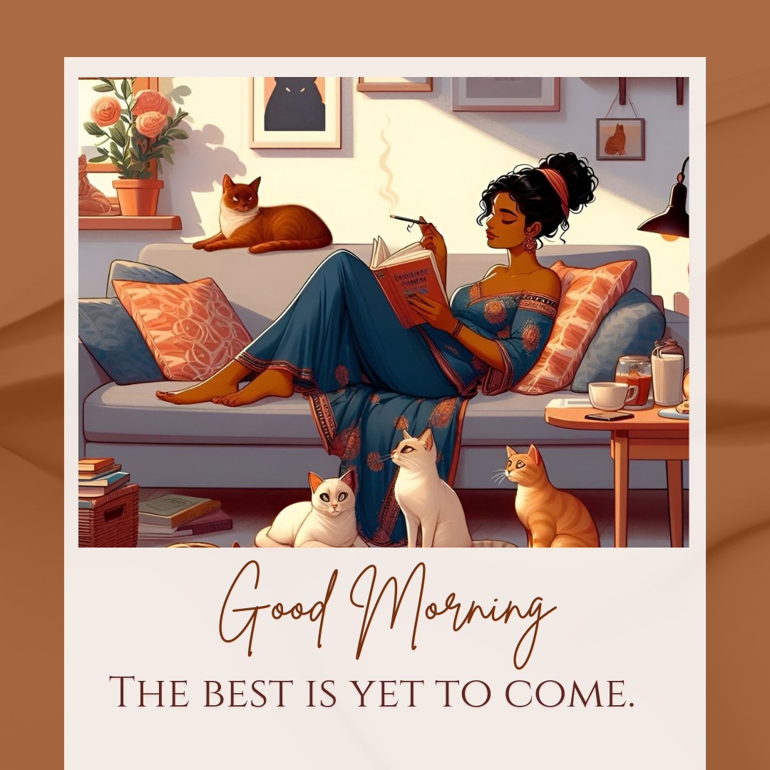 African American good morning image of a woman in a relaxed morning setting, reading a book on a cozy window seat surrounded by cats, in a warmly decorated living room, exemplifying peace and tranquility.