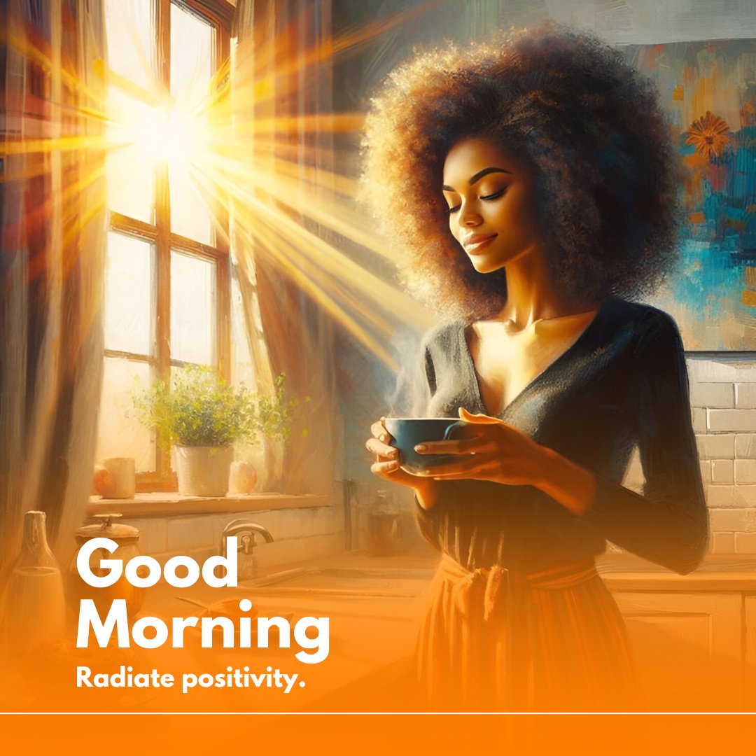 African American good morning image featuring a radiant woman with a voluminous afro basking in the morning sunlight by a window, holding a cup of coffee in a cozy, sunlit room.