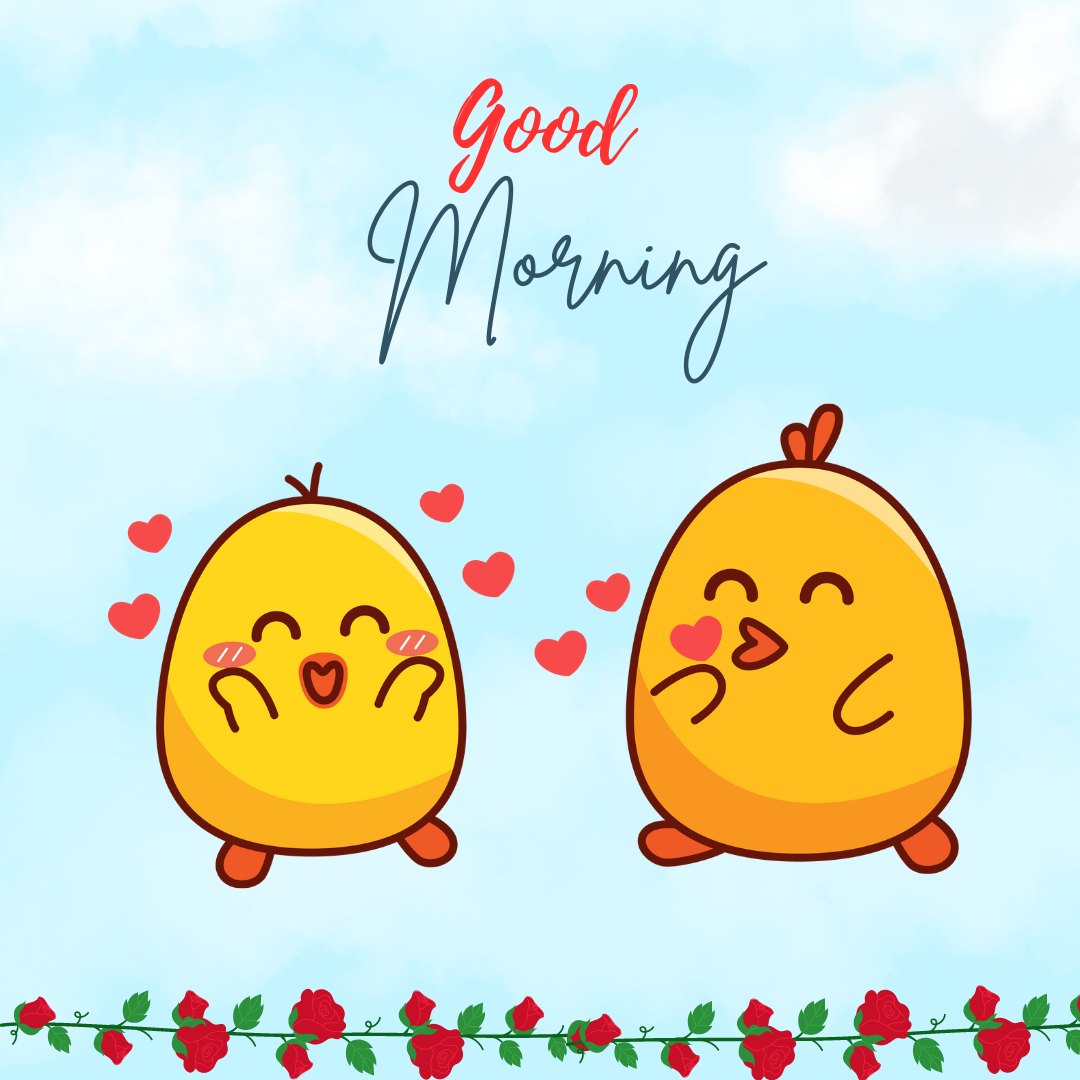 Good Morning Kiss Image featuring two adorable cartoon fruits in a playful morning scene with hearts and a 'Good Morning' greeting, set against a sky-blue background with roses along the bottom