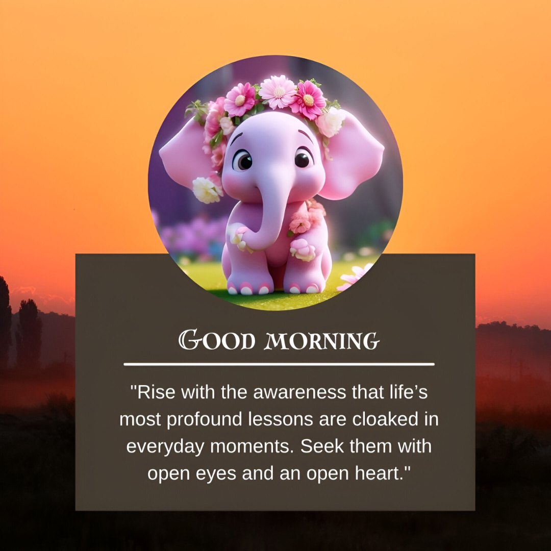 Good Morning Cartoon Image of a cute baby elephant adorned with pink flowers, sitting peacefully at sunrise, with an inspiring quote about learning from everyday moments.