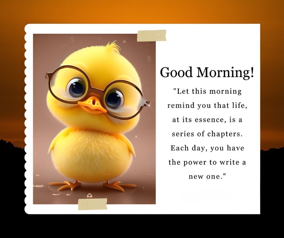 Good Morning Cartoon Image of a cute yellow chick wearing glasses, set against a sunrise backdrop, with an inspirational quote about life being a series of chapters and the power to write a new one each day.