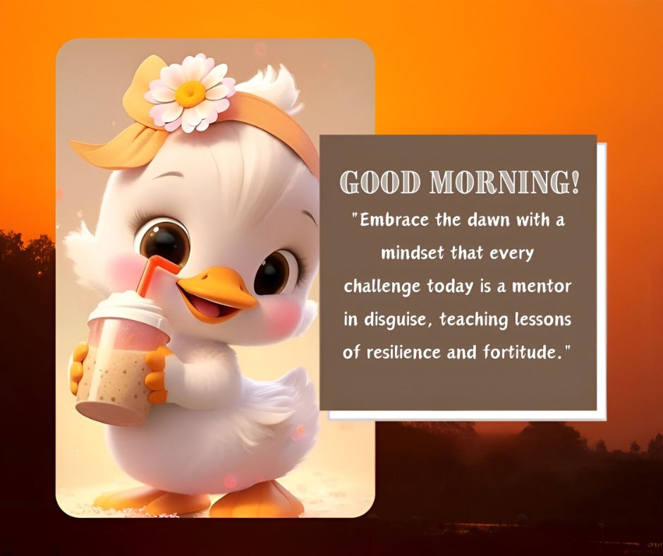 Good Morning Cartoon Image of a delightful chick wearing a flower headband and sipping a smoothie, with a motivational quote about embracing challenges as lessons of resilience and fortitude at dawn.