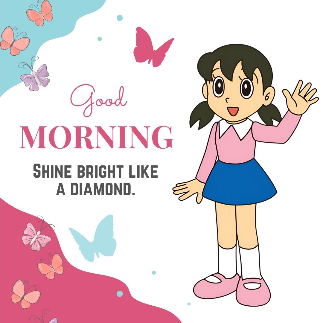 Good Morning Cartoon Image of a cheerful young girl waving with a background of colorful butterflies and the inspiring message 'Shine bright like a diamond.'