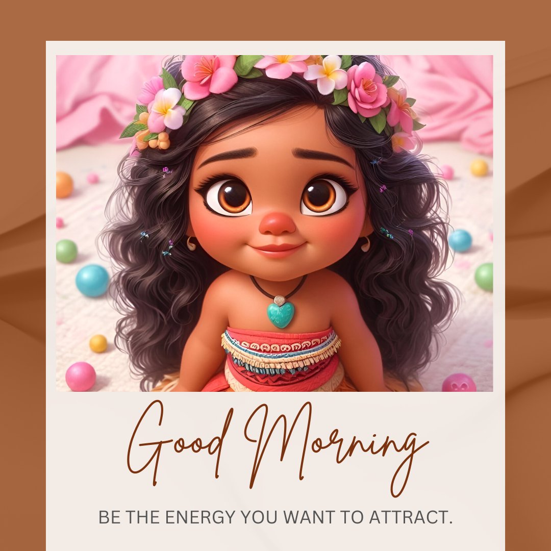 Good Morning Cartoon Image of a young girl with curly black hair and a floral headband, smiling warmly in a festive setting with colorful beads and the inspiring message 'Be the energy you want to attract.'