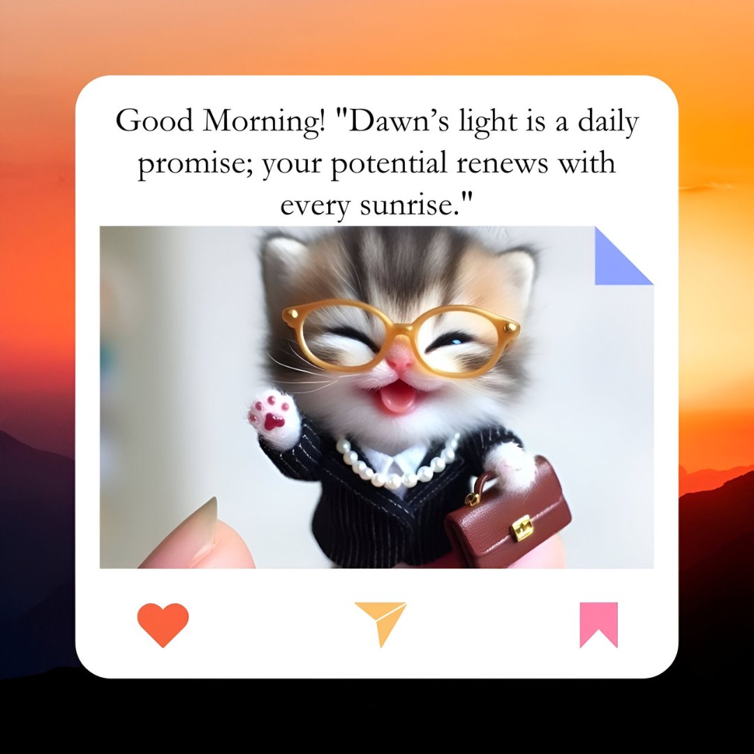 Good Morning Cartoon Image of an adorable kitten wearing glasses and a business suit, waving cheerfully, with an inspirational quote about the promise of each new dawn.