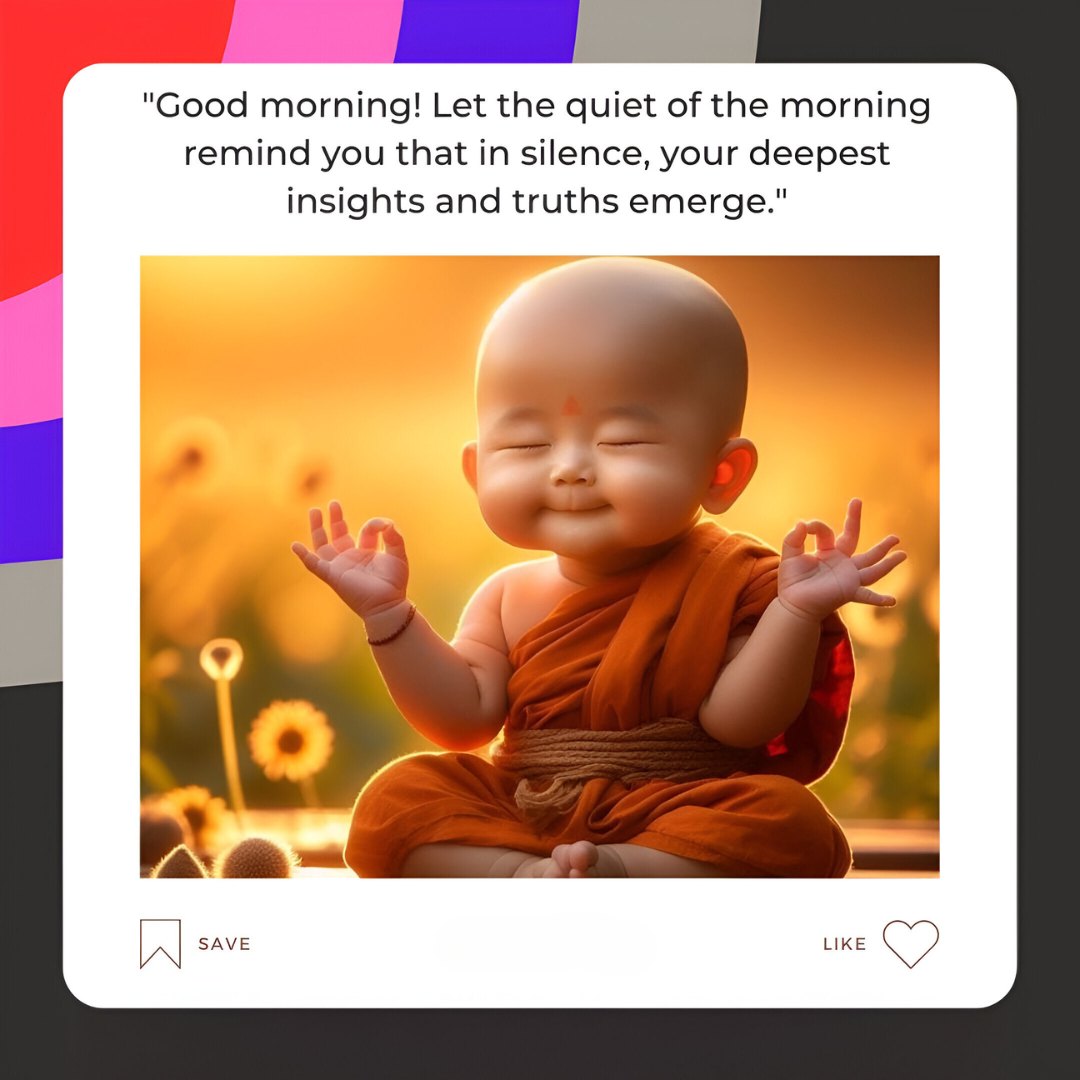 Good Morning Cartoon Image of a meditating cartoon monk child with a serene smile, sitting cross-legged in a saffron robe against a backdrop of sunlit flowers, conveying a message of finding peace and insights in silence.