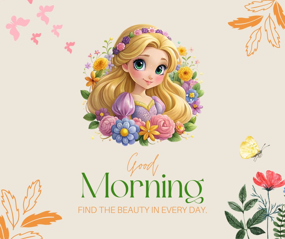 Good Morning Cartoon Image of a fairytale princess surrounded by a lush circle of vibrant flowers, butterflies fluttering around, with the motivational caption 'Find the beauty in every day.'