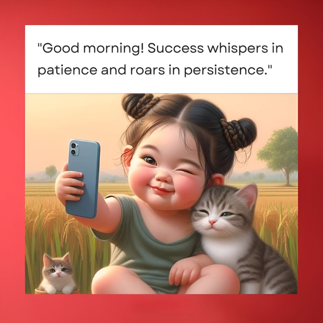 Good Morning Cartoon Image of a joyful toddler with pigtails taking a selfie with her smiling cat, set against a serene backdrop of golden fields under a red sky, accompanied by the quote 'Success whispers in patience and roars in persistence.'