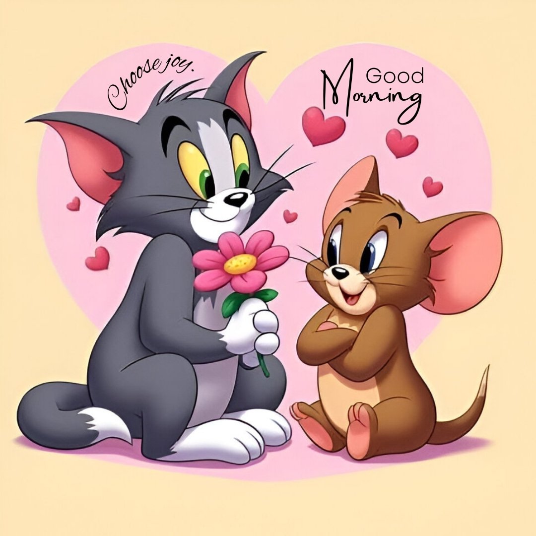 Good Morning Cartoon Image of Tom presenting Jerry with a flower, against a pink heart background with hearts floating around and the phrases 'Choose joy' and 'Good Morning.'