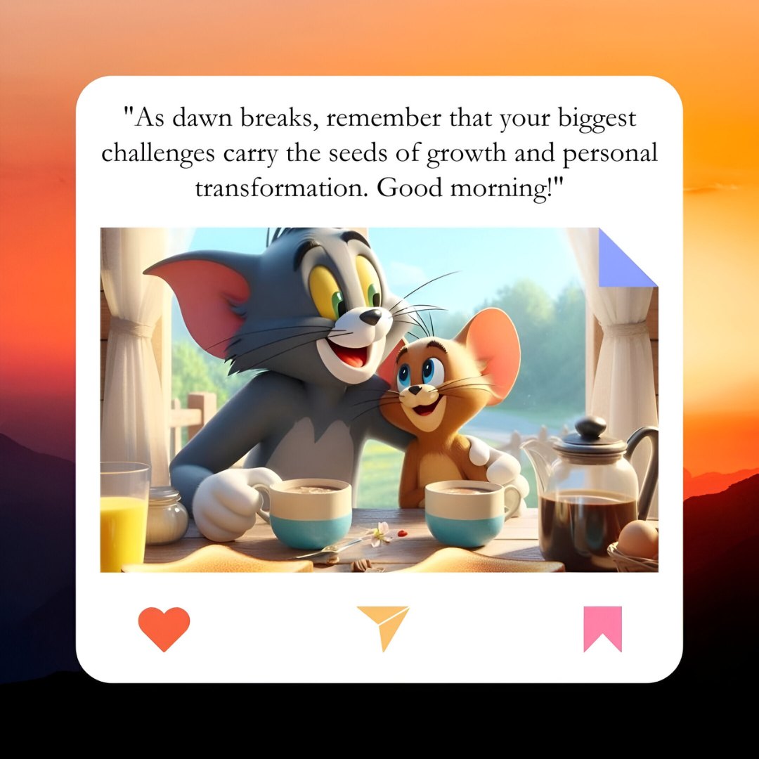 Good Morning Cartoon Image featuring Tom and Jerry enjoying a serene breakfast together. They are smiling at each other over cups of tea, with a beautifully lit window in the background showing a sunrise, emphasizing a message about growth and transformation.