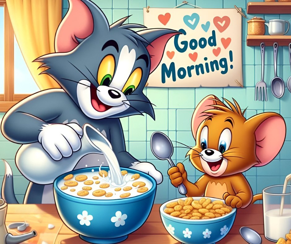 Good Morning Cartoon Image showing Tom and Jerry in a kitchen setting, smiling and having breakfast together, with Tom playfully pouring milk into a bowl of cereal while Jerry holds a spoon, surrounded by a cheerful decor and a 'Good Morning!' sign.